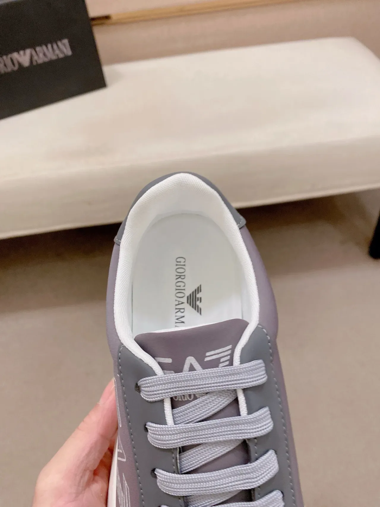 Emporio Armani Gray White Low-Top Layered Synthetic Upper Lifestyle Sneakers 6