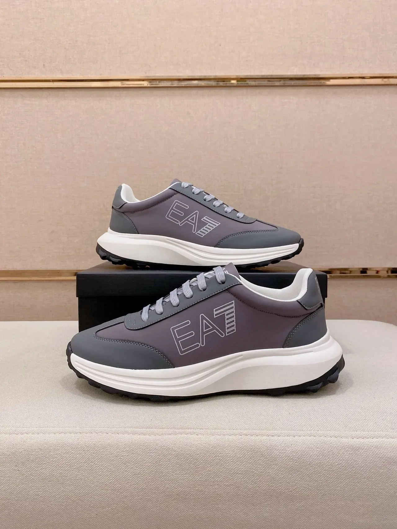 Emporio Armani Gray White Low-Top Layered Synthetic Upper Lifestyle Sneakers 7