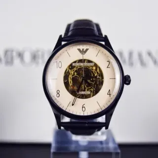 Emporio Armani Meccanico Skeleton Cream Dial Black Case Mechanical Watch