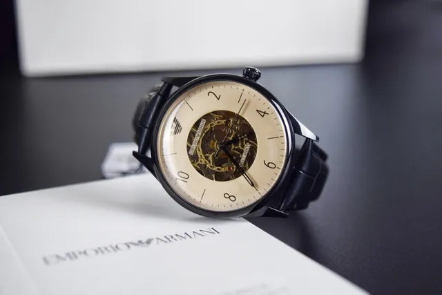Emporio Armani Meccanico Skeleton Cream Dial Black Case Mechanical Watch 2