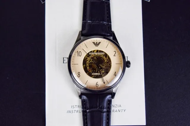 Emporio Armani Meccanico Skeleton Cream Dial Black Case Mechanical Watch 5