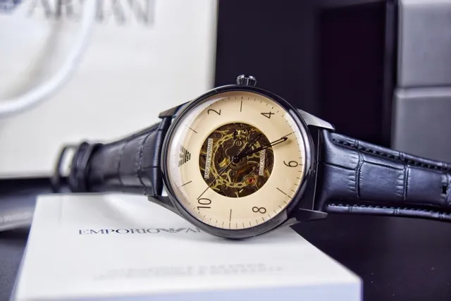 Emporio Armani Meccanico Skeleton Cream Dial Black Case Mechanical Watch 6