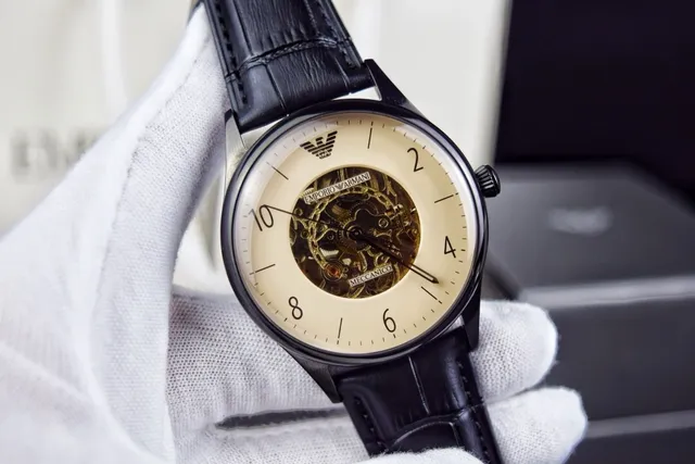 Emporio Armani Meccanico Skeleton Cream Dial Black Case Mechanical Watch 8