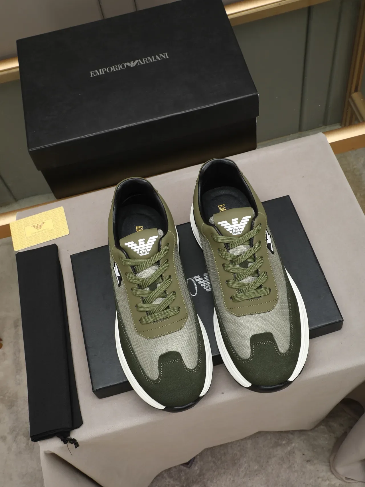 Emporio Armani Olive and Dark Green Suede-Mesh Lifestyle Sneaker 2