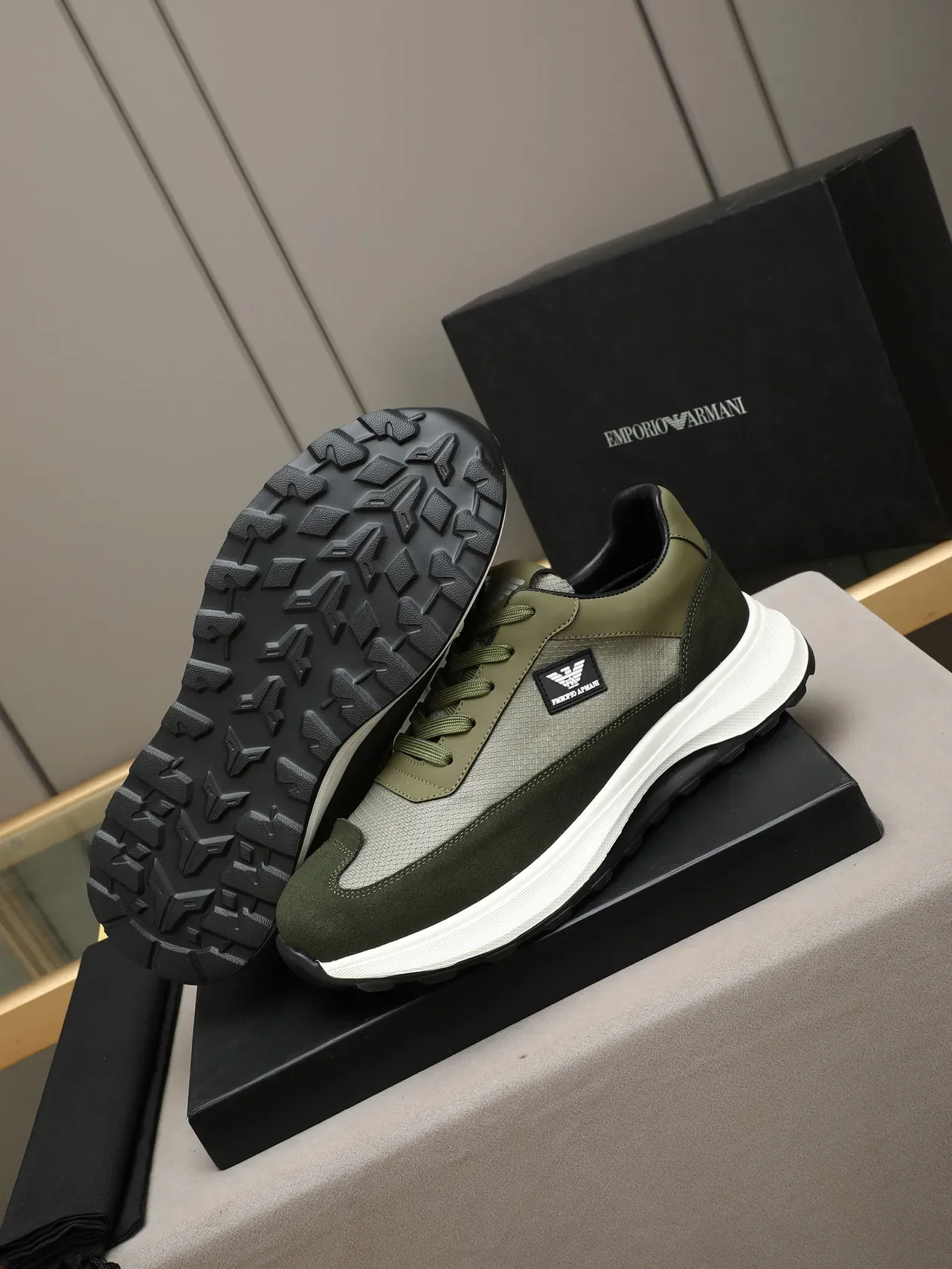 Emporio Armani Olive and Dark Green Suede-Mesh Lifestyle Sneaker 4