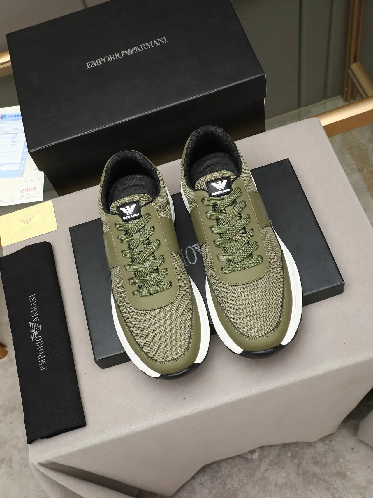 Emporio Armani Olive Green Mesh-Synthetic Eagle Logo Lifestyle Sneakers 2