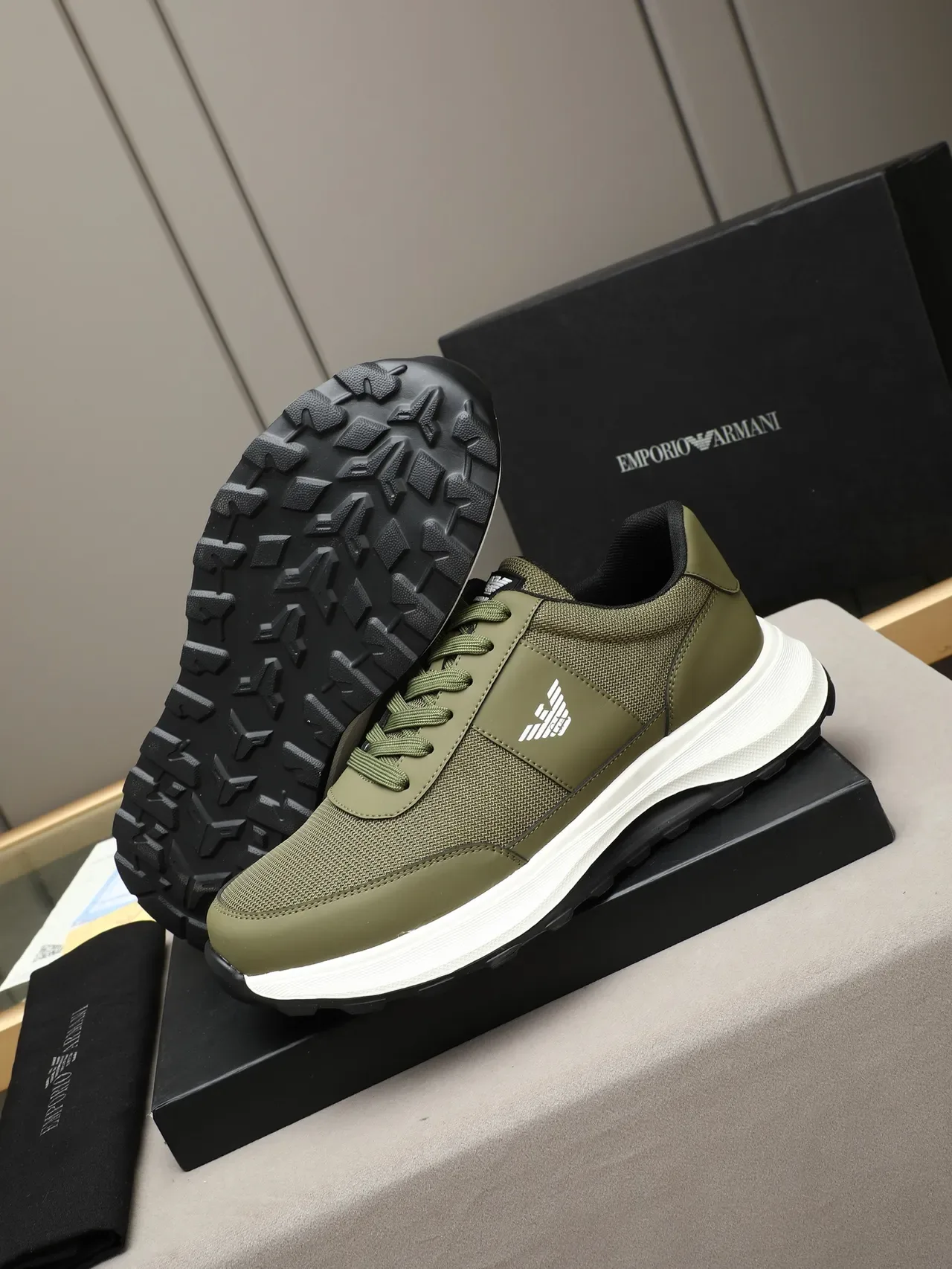 Emporio Armani Olive Green Mesh-Synthetic Eagle Logo Lifestyle Sneakers 4