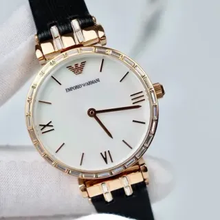 Emporio Armani White Black Round Crystal-Bezel Case Mother-of-Pearl Dial Quartz Watch