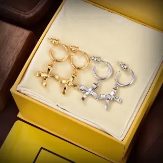 Fendi Bow Charm Gold Silver Hoop Earrings