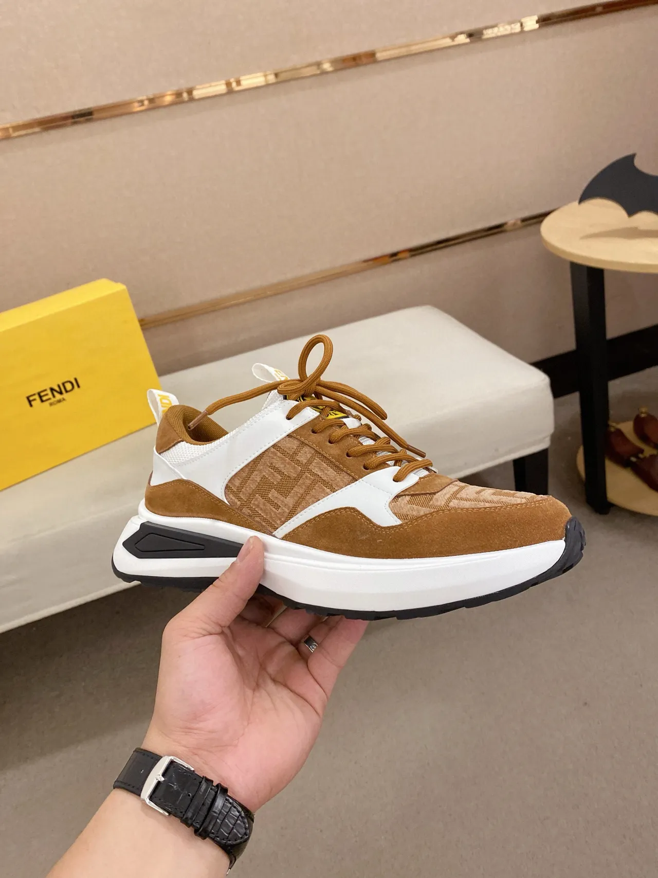 Fendi Marron Blanc FF Monogram Jacquard Daim et Synthétique Panneaux Baskets Épaisses 4
