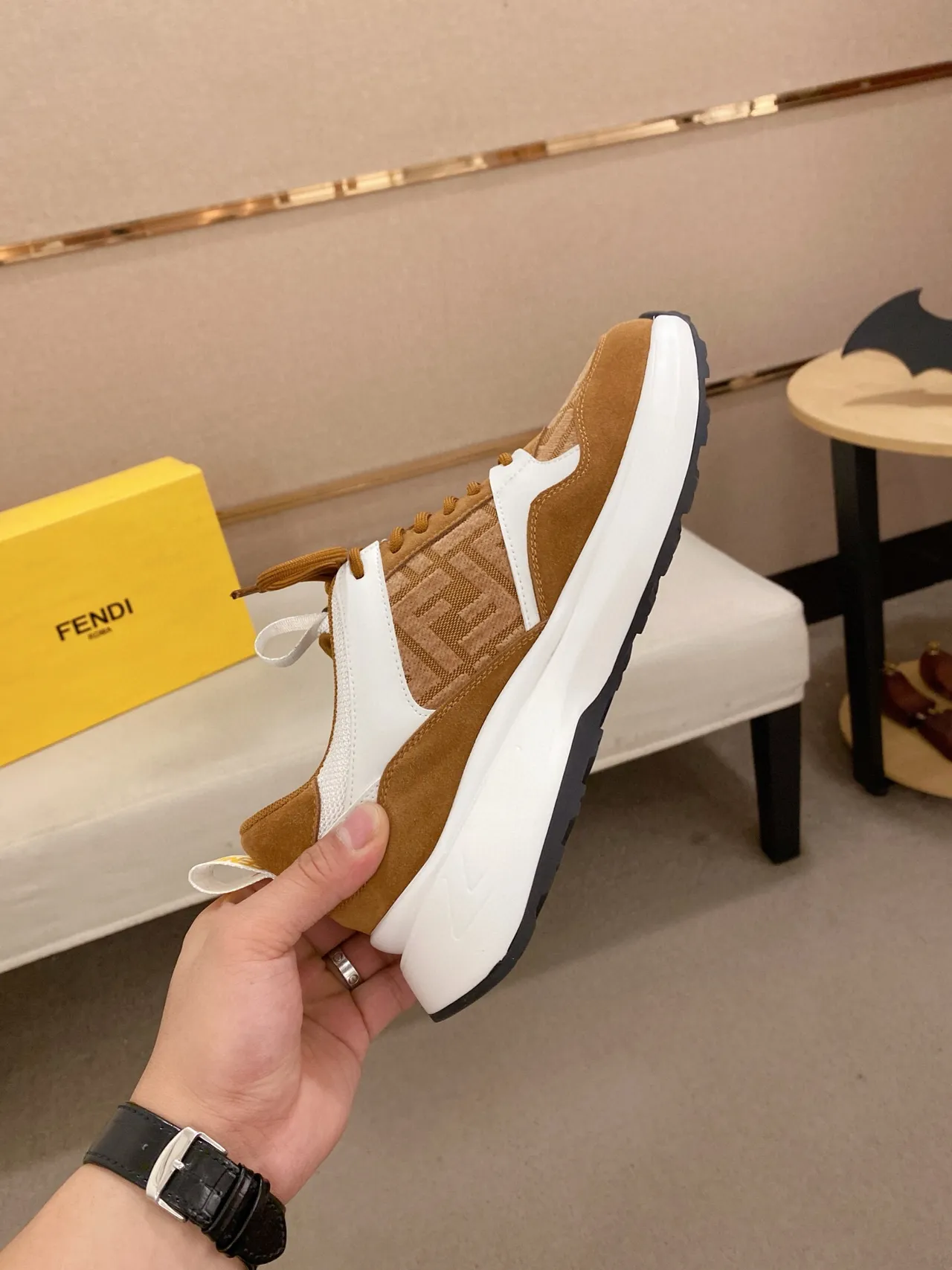 Fendi Marron Blanc FF Monogram Jacquard Daim et Synthétique Panneaux Baskets Épaisses 5
