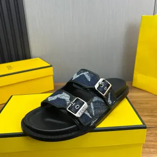 Fendi Double-Buckle Denim-Print Slide Slippers