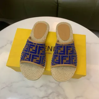 Fendi FF Espadrille Slides Blue Beige Jacquard Fabric Jute-Wrapped Sole Slippers