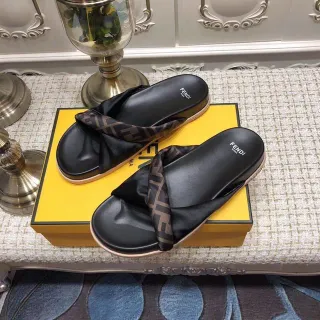 Fendi FF Monogram Strap Black Slippers