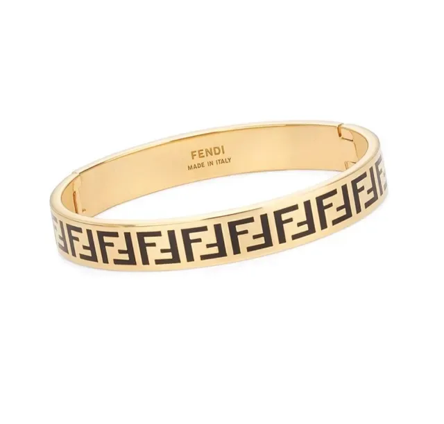 Fendi FF Motif Bracelete Dourado Branco Esmaltado com Articulação 9