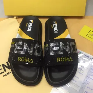 Fendi Roma Crystal-Embellished Black and Yellow Slippers
