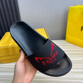 Fendi Slide Black Red Molded Rubber Single Strap Slippers