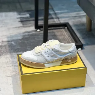 Fendi White Beige Layered Leather And Suede Upper Sculpted Side Logo Lifestyle Sneakers