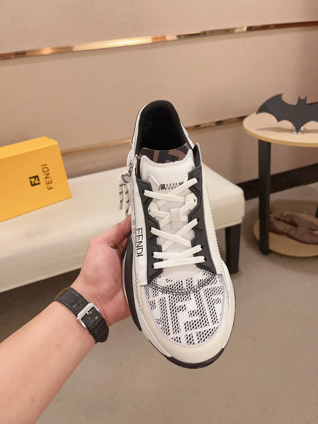 Fendi White Black Asymmetrical Strap Zigzag Stitching Chunky Sneakers 2