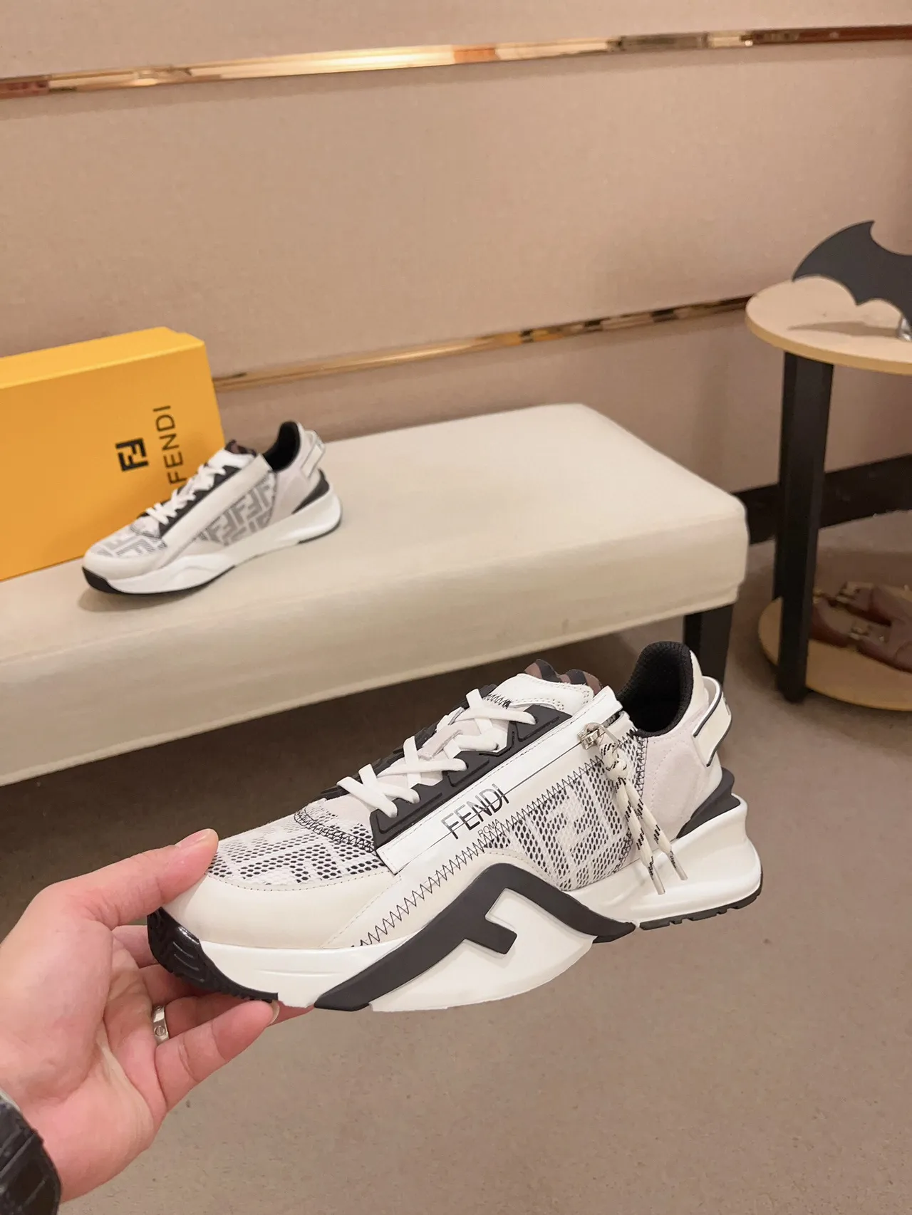 Fendi White Black Asymmetrical Strap Zigzag Stitching Chunky Sneakers 3