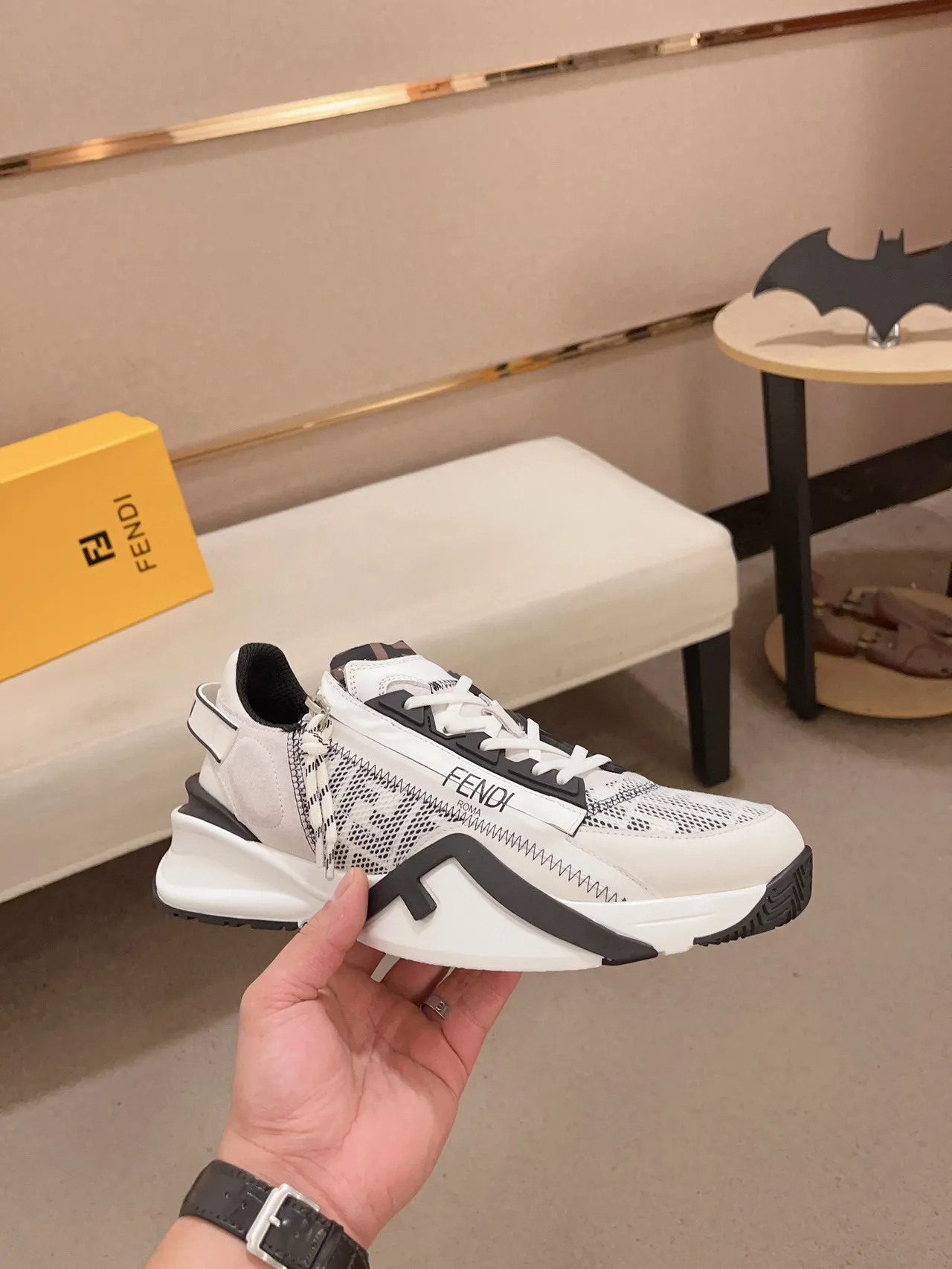 Fendi White Black Asymmetrical Strap Zigzag Stitching Chunky Sneakers 4