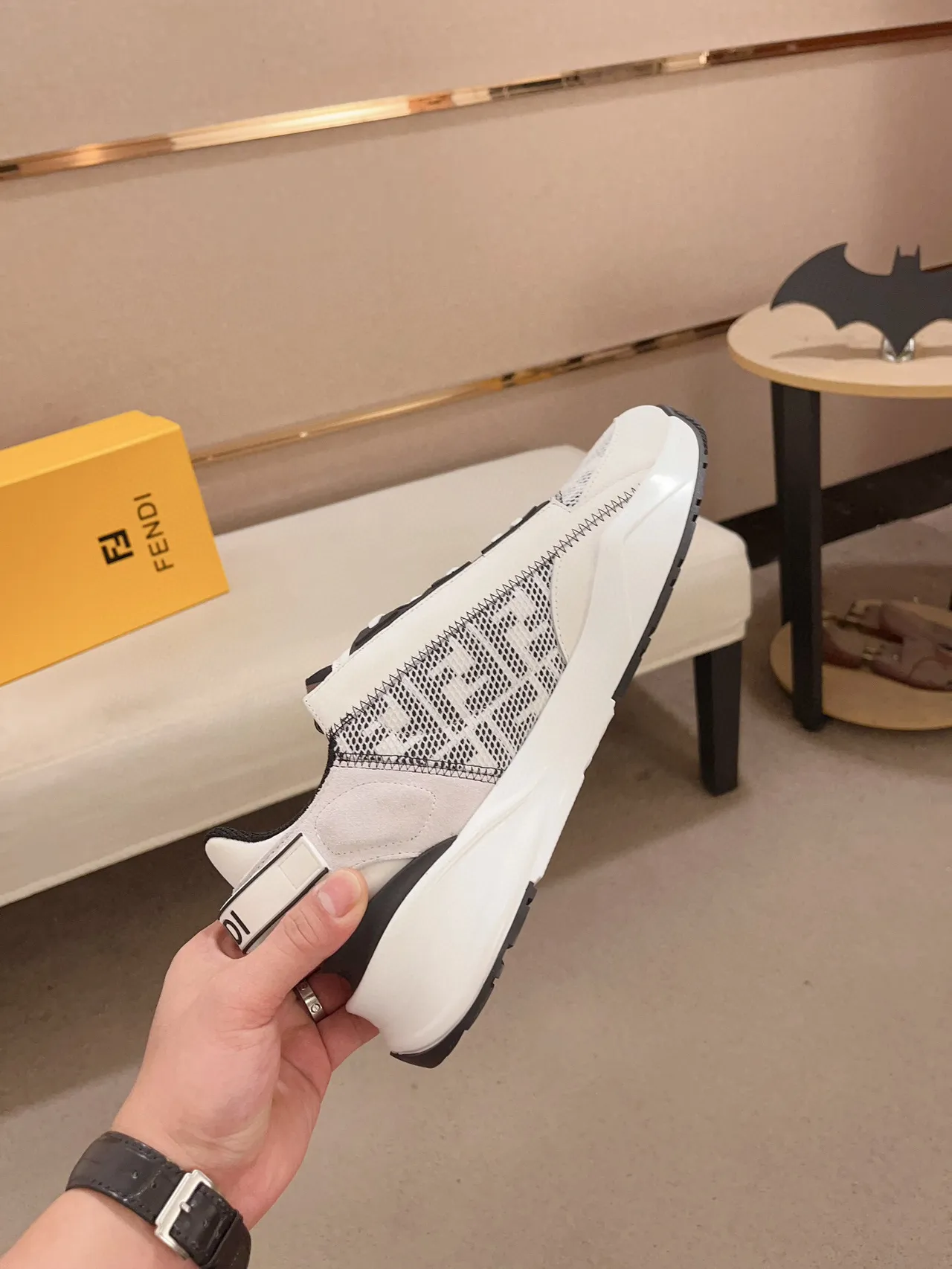Fendi White Black Asymmetrical Strap Zigzag Stitching Chunky Sneakers 5