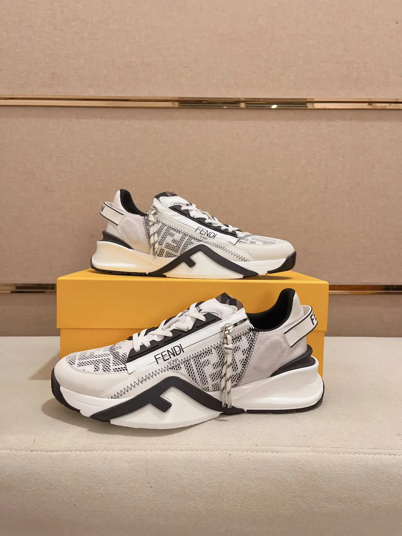 Fendi White Black Asymmetrical Strap Zigzag Stitching Chunky Sneakers 7