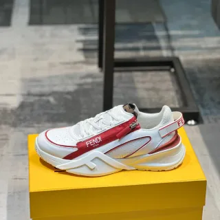 Fendi White Red Chunky Platform Sole Perforated Leather Upper Lifestyle Sneakers