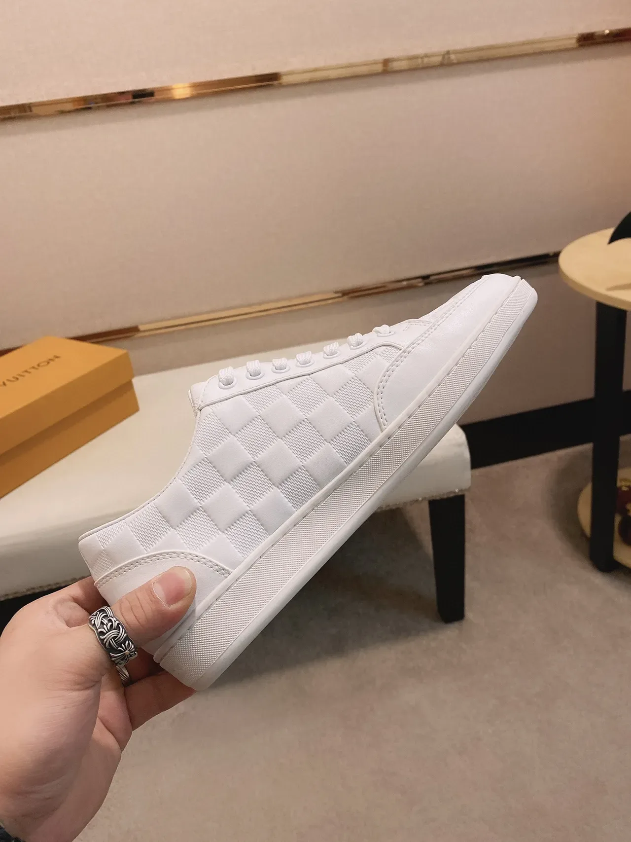 All-White Checkerboard-Panel Lifestyle Sneaker 6