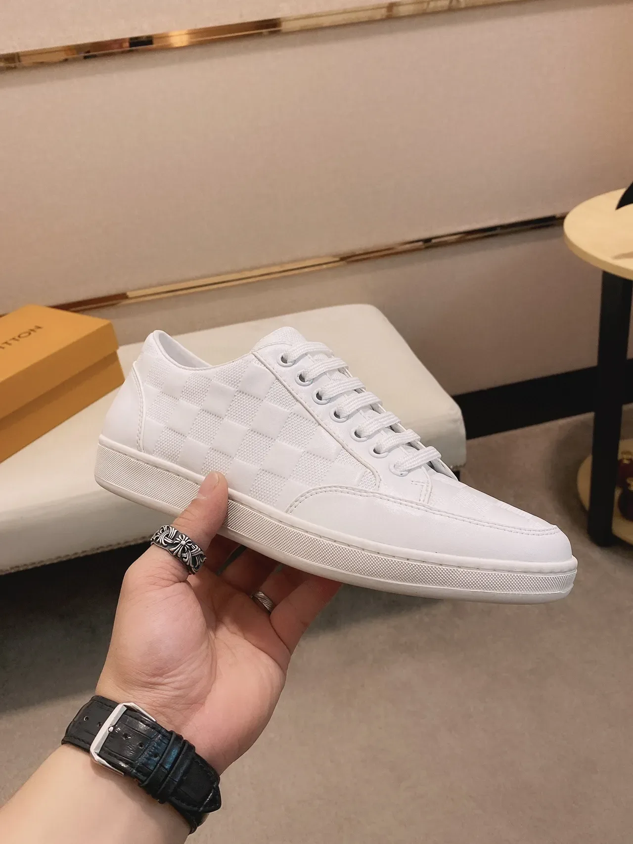 All-White Checkerboard-Panel Lifestyle Sneaker 8