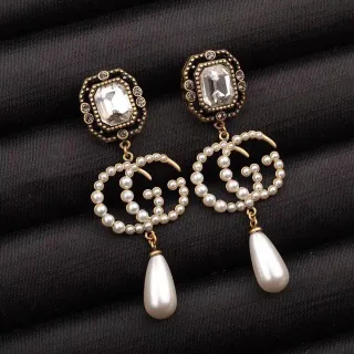 Antique-Inspired Pearl and Crystal Double-G Motif Drop Earrings