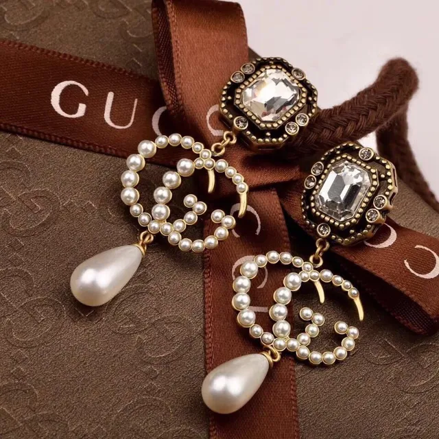 Antique-Inspired Pearl and Crystal Double-G Motif Drop Earrings 2