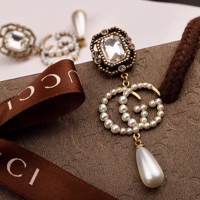 Antique-Inspired Pearl and Crystal Double-G Motif Drop Earrings 4