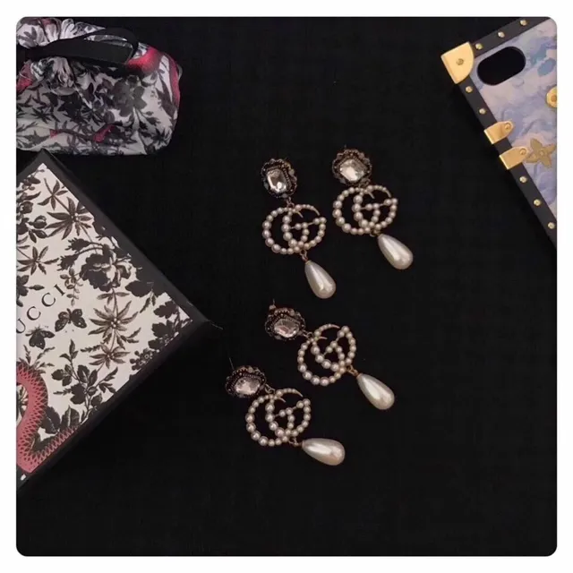 Antique-Inspired Pearl and Crystal Double-G Motif Drop Earrings 5