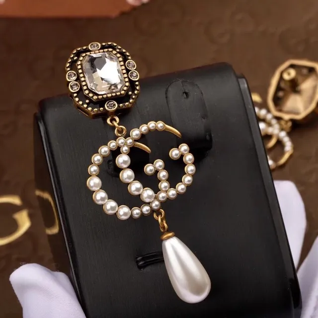 Antique-Inspired Pearl and Crystal Double-G Motif Drop Earrings 9