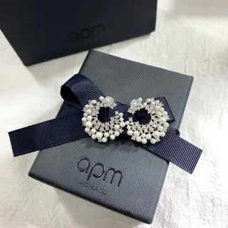 apm Monaco Bow-Shaped Pearl and Crystal Brooch