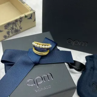 apm Monaco Gold Navy Stacked Multi-Band Pearl-Accented Ring
