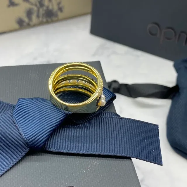 apm Monaco Gold Navy Stacked Multi-Band Pearl-Accented Ring 3
