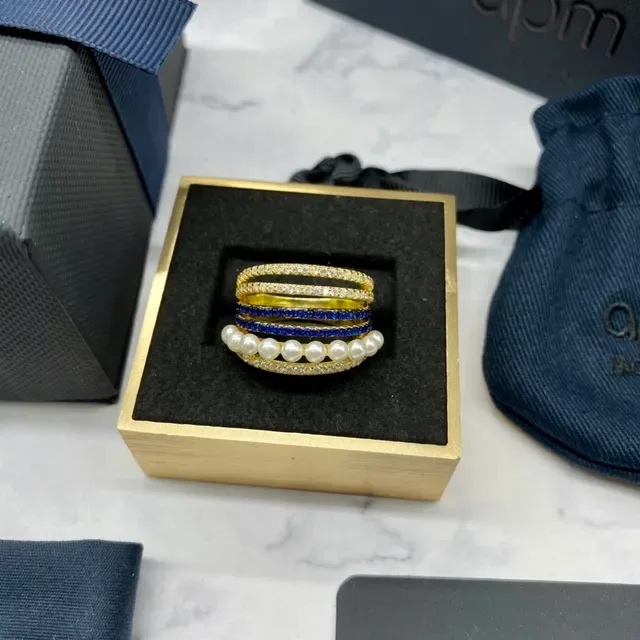 apm Monaco Gold Navy Stacked Multi-Band Pearl-Accented Ring 4