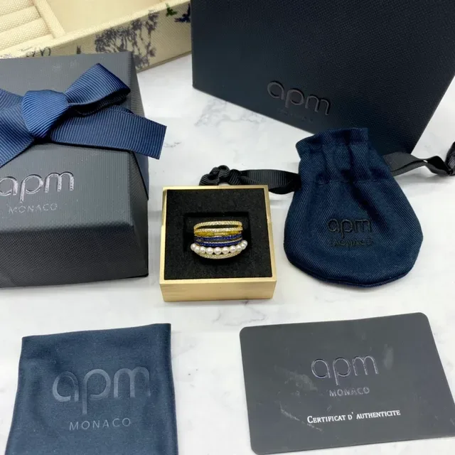 apm Monaco Gold Navy Stacked Multi-Band Pearl-Accented Ring 5