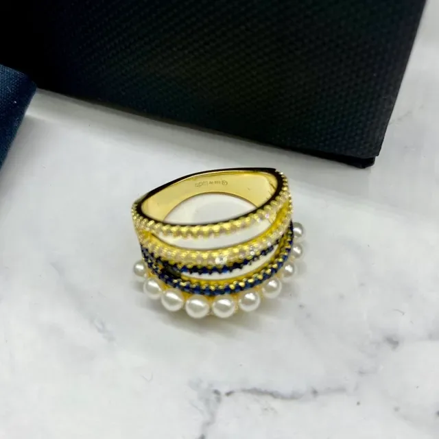 apm Monaco Gold Navy Stacked Multi-Band Pearl-Accented Ring 6