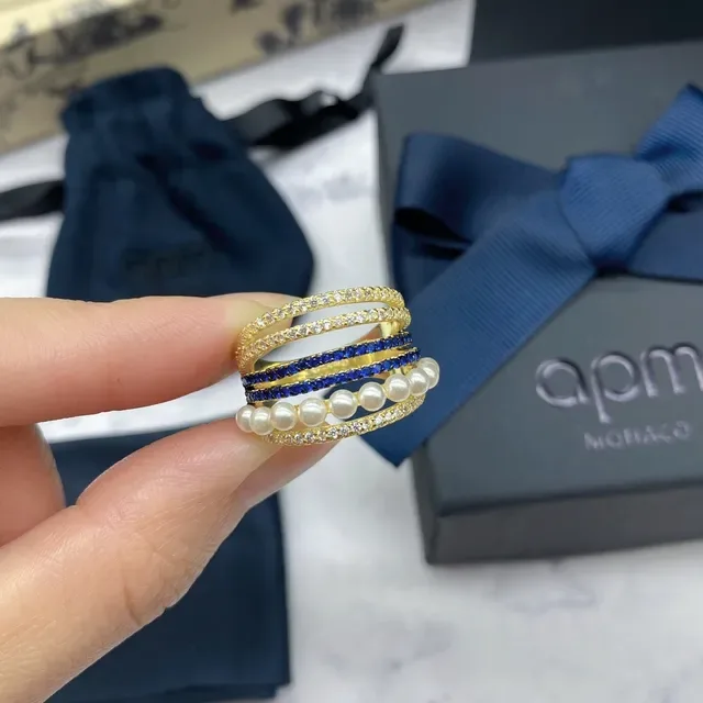 apm Monaco Gold Navy Stacked Multi-Band Pearl-Accented Ring 7