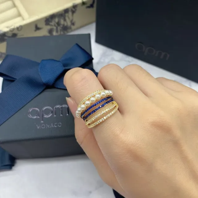 apm Monaco Gold Navy Stacked Multi-Band Pearl-Accented Ring 8