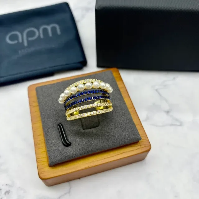 apm Monaco Gold Navy Stacked Multi-Band Pearl-Accented Ring 9