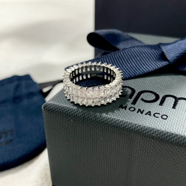apm Monaco Multi-Row Baguette-Cut Stone Silver-Toned Ring 7