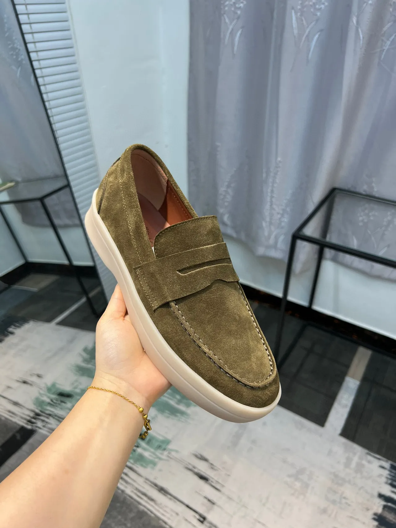 Army Green Beige Suede Upper Penny Strap Loafer 5