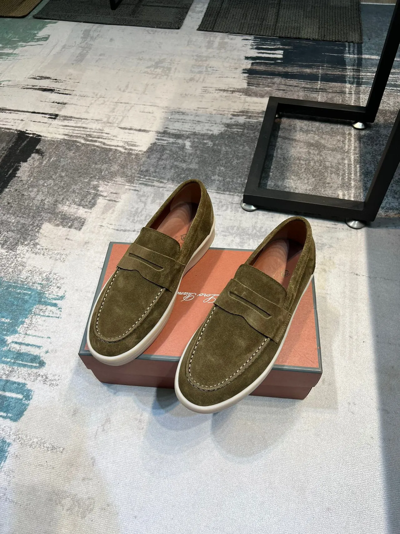 Army Green Beige Suede Upper Penny Strap Loafer 6