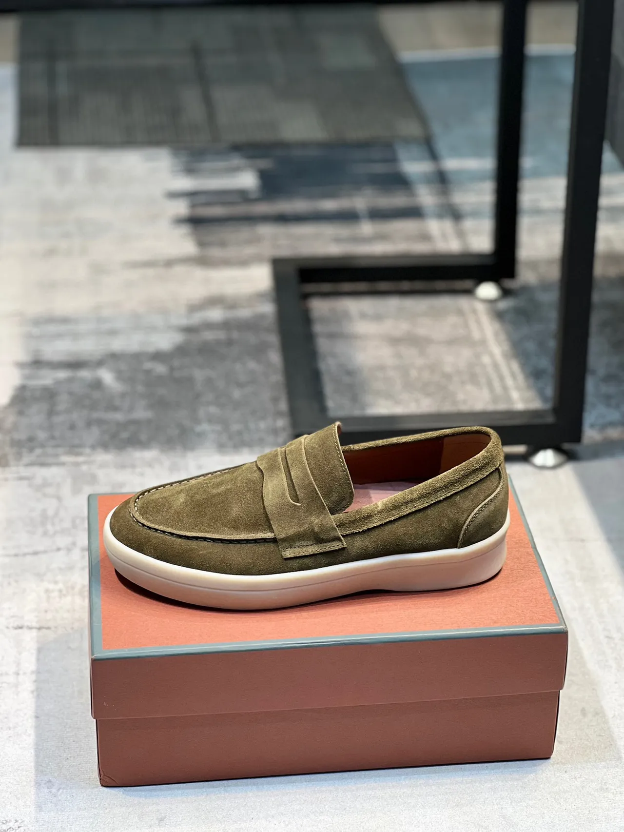 Army Green Beige Suede Upper Penny Strap Loafer 8