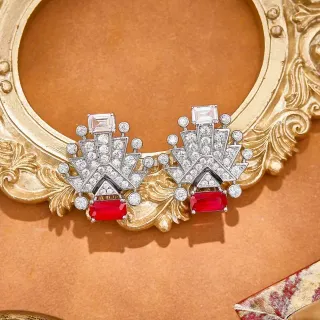 Art Deco Geometric Fan Motif Red and Clear Stone Earrings