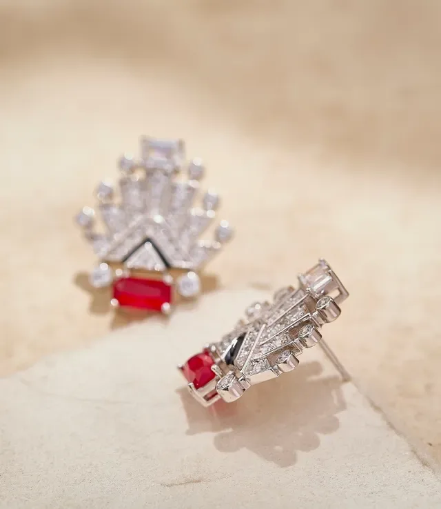 Art Deco Geometric Fan Motif Red and Clear Stone Earrings 3